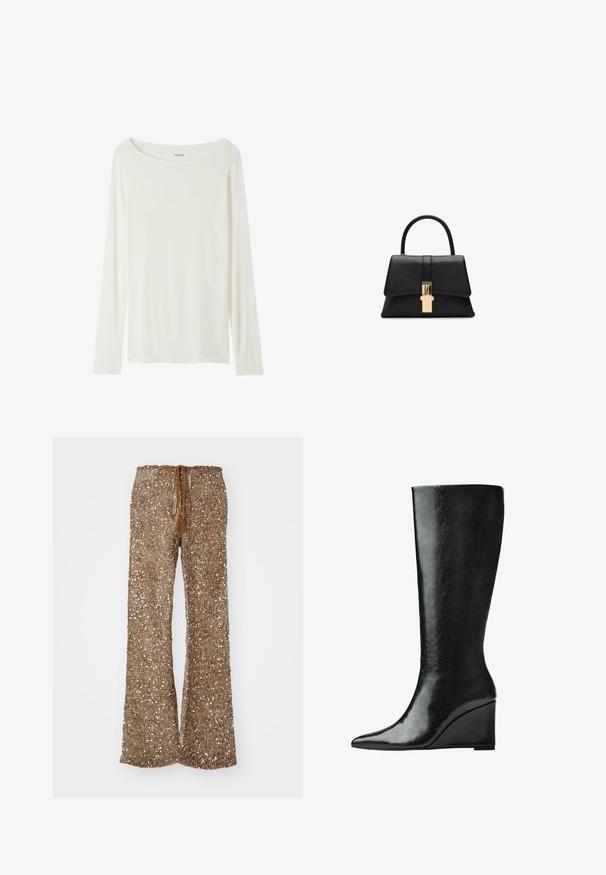 Long-sleeve, crew neck top in cream color made from soft fabric. Features a straight cut and minimalistic design without embellishments.; Brown flared pants made of textured fabric with silver sequins, featuring a drawstring waistband with tassels for adjustments.; Knee-high black leather boots with a sleek, pointed toe and a wedge heel. The surface is smooth with a glossy finish.; Black structured handbag with a smooth texture, a single top handle, and a gold-tone clasp detail at the front. Minimalist design.