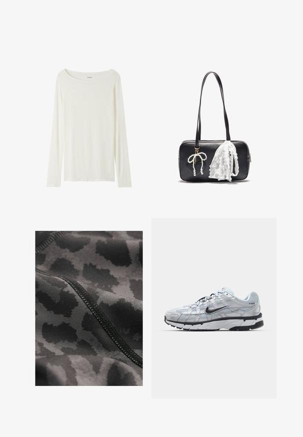 Langärmliges T-Shirt mit Rundhalsausschnitt in Cremefarbe aus weichem Material. Verfügt über einen geraden Schnitt und ein minimalistisches Design ohne Verzierungen.; Schwarzer Sportstoff mit einem dezenten Leopardenmuster. Glatte Textur mit sichtbaren Steppnähten entlang der Ränder.; Nike P-6000 Sneakers mit einem Obermaterial aus leichtem grauem Mesh, schwarzen Akzenten und einer langlebigen schwarzen Gummisohle. Verfügt über ein komplexes Design und ein Schnürsystem.; Even&Odd Handtasche - black