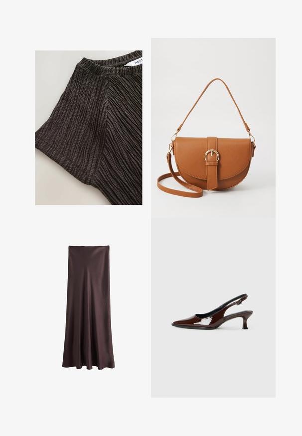 Fekete texturált felső, bordázott mintával, rövid ujjakkal és kerek nyakkivágással. Puha anyag, hangsúlyos függőleges vonalakkal.; Barna, földig érő szoknya sima, könnyű anyagból. Egyszerű, lágy vonalvezetése van, látható minták vagy díszítések nélkül.; Barna lakkbőr slingback cipő hegyes orral és mérsékelt sarkal. Biztonságos illeszkedést biztosító csattal rendelkezik. Sima textúra.; Barna bőr keresztbody táska ívelt formával, aranyszínű fémrészekkel és csat díszítéssel. Levehető vállpánttal rendelkezik.
