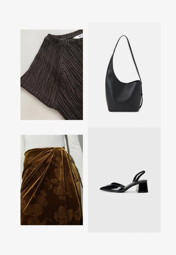 Top nero in tessuto con texture, caratterizzato da un design a righe e maniche corte. Materiale morbido con righe verticali pronunciate.; Gonna in velluto marrone con motivo floreale, caratterizzata da pieghe e un design drappeggiato. La superficie testurizzata esalta i dettagli ornati.; Décolleté in vernice nera con punta affusolata e tacco in geometria cubica. Presentano un design elegante e minimalista, con una texture liscia.; Borsa hobo nera in pelle con una superficie liscia, forma curvata e una singola tracolla regolabile; presenta un'ampia apertura nella parte superiore.