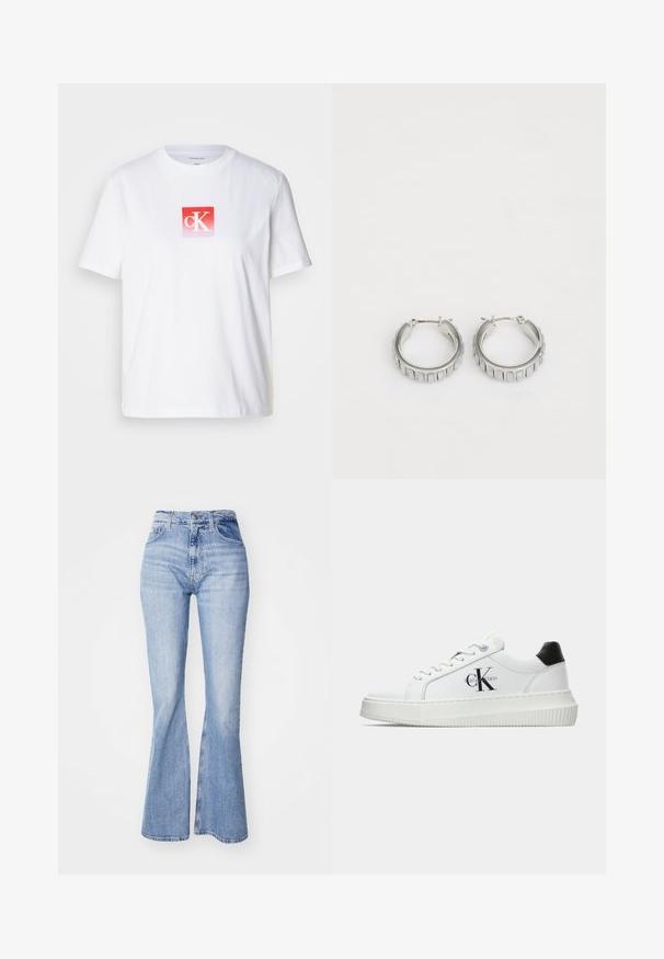White cotton t-shirt featuring a red square logo with the letters "cK" in white. Short sleeves and a crew neckline. Smooth texture.; Light blue flared jeans made of denim, featuring high waist, five-pocket design, and subtle fading along the legs.; White low-top sneaker with black heel tab, platform sole, laces, and Calvin Klein "CK" logo on the side.; Silver hoop earrings with a textured design featuring vertical ridges. Circular shape with a secure latch closure. Smooth finish.