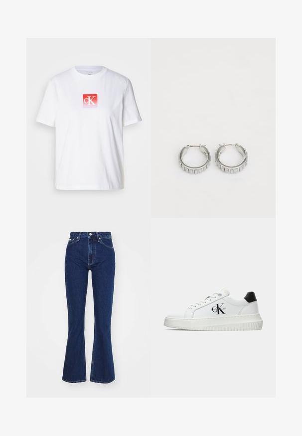 Tricou alb din bumbac, cu un logo pătrat roșu care are literele "cK" în alb. Mâneci scurte și guler rotund. Textură netedă.; Jeans evazați de culoare albastră închis, confecționați din denim, având talie înaltă, închidere cu fermoar și buton, și cinci buzunare cu un ușor efect de decolorare.; Adidași albi cu glezna joasă, cu tab-ul de călcâi negru, talpă platformă, șireturi și logo-ul "CK" de la Calvin Klein pe lateral.; Cercei din argint în formă de cerc cu un design texturat, ce prezintă striții verticale. Formă circulară cu un sistem de închidere sigur. Finisaj neted.