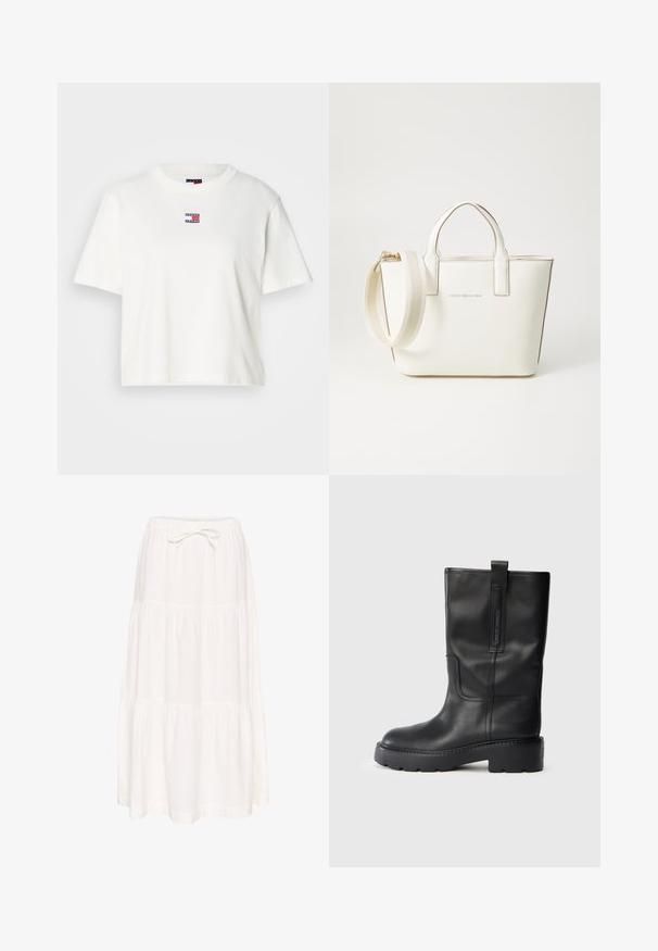 T-shirt en coton blanc avec un col rond et des manches courtes. Présente un petit logo coloré brodé avec des accents rouges, bleus et blancs sur la poitrine.; Jupe maxi blanche à volants fabriquée en tissu léger. Elle dispose d'une taille élastique avec un cordon de serrage à nouer. Texture lisse, design simple.; Bottes en cuir noir jusqu'au genou au design épuré, avec une semelle épaisse et une languette latérale pour un enfilage facile. Coutures remarquables.; Sac à main en simili cuir blanc avec de courtes poignées, une bandoulière réglable et des garnitures en ton or ; arbore un logo subtil à l'avant.