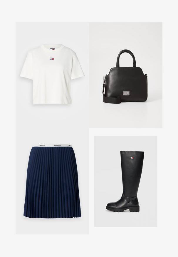 Balta medvilnės marškinėliai su apvaliu iškirpimu ir trumpomis rankovėmis. Ant krūtinės yra mažas spalvotas logotipo lipdukas su raudonais, mėlynais ir baltais akcentais.; Tamsiai mėlyna klostuota sijonas, pasižymintis tekstūruotu dizainu, elastinga juosmens juosta su "LACOSTE" prekės ženklu ir glotnia medžiaga.; Juodai, kelių ilgio batai, pagaminti iš lygios odos su tekstūruota guma, su mažuoju logotipo ženkleliu raudonos, baltos ir mėlynos spalvų.; Juodas sintetinės medžiagos rankinės su viršutinėmis rankenomis, nuimamu peties diržu, apvalia forma, lygia tekstūra ir sidabriniu logotipo akcentu priekyje.