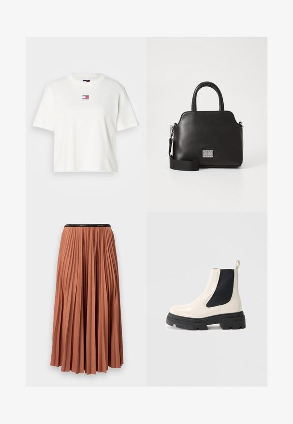 Weißes Baumwoll-T-Shirt mit Rundhalsausschnitt und kurzen Ärmeln. Besitzt ein kleines farbiges Logo-Patch mit roten, blauen und weißen Akzenten auf der Brust.; Plissierter Rock in terrakottafarbener Optik mit einem schwarzen Taillenbund, der vertikale Falten und eine glatte Textur aufweist. Die Länge reicht bis zur Mitte der Wade.; Cremfarbene Chelsea-Stiefel aus Leder mit markantem schwarzem Absatz und elastischem schwarzen seitlichen Einsatz vor einem schlichten weißen Hintergrund.; Schwarze synthetische Handtasche mit oberen Griffen, abnehmbarem Schultergurt, runder Form, glatter Textur und silbernem Logo-Akzent auf der Vorderseite.