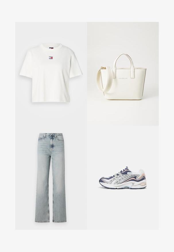 Camiseta branca em algodão com decote redondo e mangas curtas. Apresenta um pequeno emblema em cor com detalhes em vermelho, azul e branco no peito.; Jeans de denim azul claro de cintura alta, com uma silhueta de perna larga, apresentando cinco bolsos e um desbotado subtil ao longo do tecido.; ASICS SportStyle GEL PRELEUS - Sapatilhas - white/pure silver; Bolsa de mão em imitação de couro branco, com alças curtas, alça de ombro ajustável e acabamentos em tom dourado; apresenta um logo discreto na parte da frente.