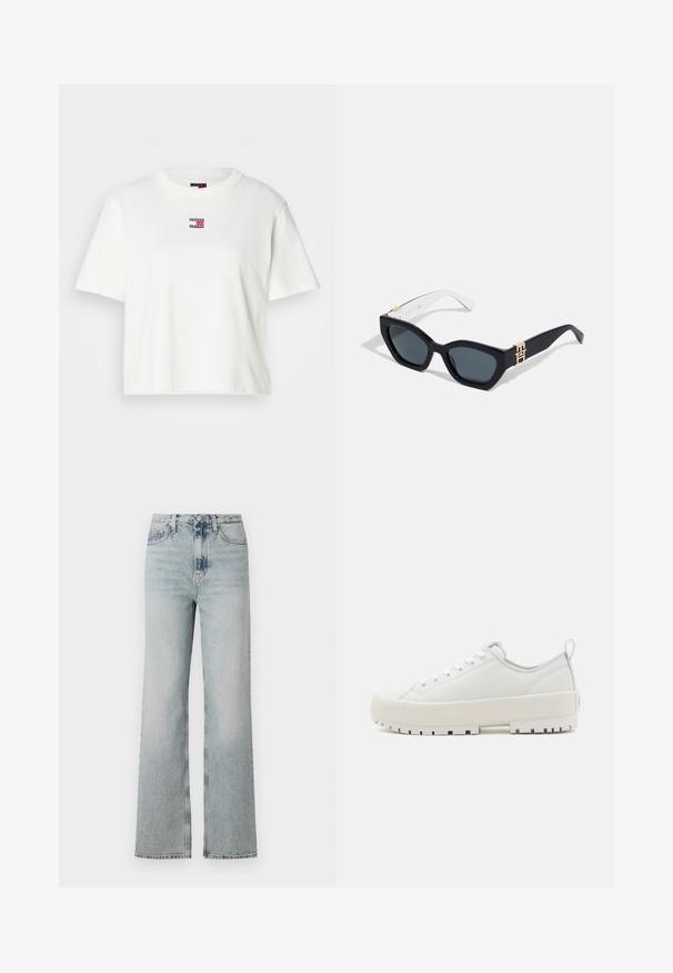 Valkoinen puuvillateepaita, jossa on pyöreä kaula-aukko ja lyhyet hihat. Rintamuksessa on pieni värillinen logo-ommel punaisilla, sinisillä ja valkoisilla yksityiskohdilla.; Korkeavyötäröiset vaaleansiniset farkut, joissa on leveä lahje, viisi taskua ja hillitty haalistuminen kankaassa.; Valkoiset rento kengät, joissa on sileä nahkapinta, pyöreä kärki, tasainen kumipohja ja kohotettu kanta, sekä lenkkitappi helppoa pukemista varten.; Tommy Hilfiger Aurinkolasit - blue
