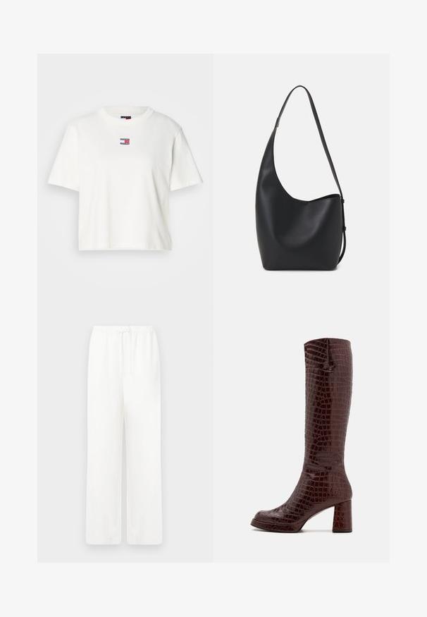 Balts kokvilnas T-krekls ar apaļu kaklu un īsām piedurknēm. Uz krūšu daļas atrodas neliela krāsaina loģotipa plākstere ar sarkaniem, ziliem un baltiem akcentiem.; Baltas, platais bikses, kas izgatavotas no viegla auduma ar elastīgu jostasvietu un saitēm. Gluda tekstūra, bez redzamām rakstiem vai furnitūras.; Chie Mihara KANYE - Zābaki ar platformu - monda terra; Melnas ādas hobo soma ar gludu tekstūru, izliekta forma un vienu regulējamu jostu; augšā ir plaša atvere.