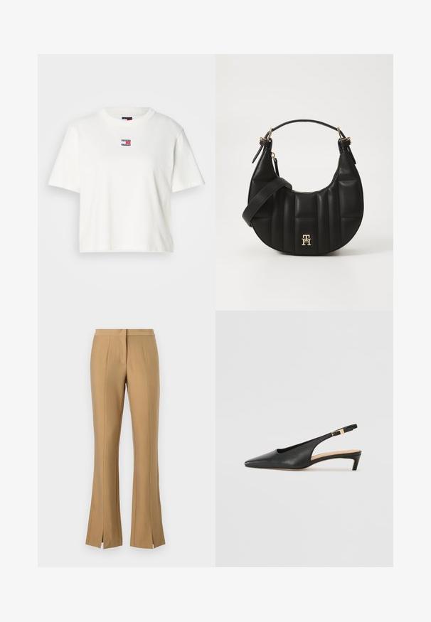 White cotton t-shirt with a crew neckline and short sleeves. Features a small color logo patch with red, blue, and white accents on the chest.; Beige flared trousers with front slits, made of smooth fabric. Features a flat waistband and sharp crease details running down the legs.; Black leather slingback heel with a pointed toe, low heel, and an adjustable ankle strap featuring a gold-tone buckle. Smooth texture.; Black leather handbag with a curved shape, quilted texture, and gold hardware. Features a detachable shoulder strap and logo detail.