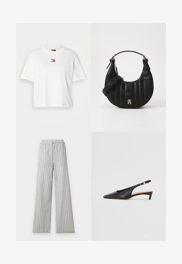 White cotton t-shirt with a crew neckline and short sleeves. Features a small color logo patch with red, blue, and white accents on the chest.; Lightweight, wide-leg pants with an elastic waistband. Vertical gray and white stripes, soft fabric, and relaxed fit. No pockets or hardware.; Black leather slingback heel with a pointed toe, low heel, and an adjustable ankle strap featuring a gold-tone buckle. Smooth texture.; Black leather handbag with a curved shape, quilted texture, and gold hardware. Features a detachable shoulder strap and logo detail.