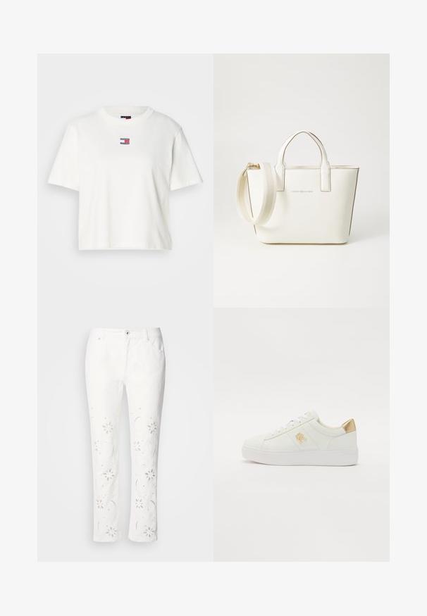 Bela bombažna majica s krojnim izrezom in kratkimi rokavi. Na prsih ima majhen barvit logotip s rdečimi, modrimi in belimi akcenti.; Bela bombažna hlače z rožnatim vezenjem ob nogah, ravnega kroja in gumbnim zapiranjem v pasu.; Bele usnjene športne copate z gladko teksturo, belimi vezalkami, zlatim poudarkom na peti in diskretno logotipom na strani. Ravna gumijasta podplat.; Bela sintetična usnjena torbica z kratkimi ročaji, nastavljivim ramenskim trakom in zlatim kovinskim okovjem; na sprednji strani je subtilen logotip.