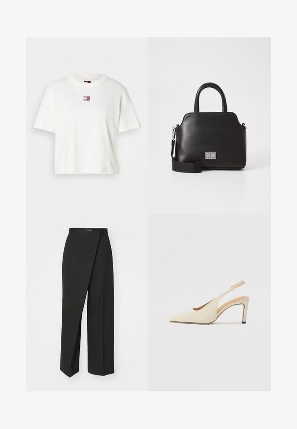 Hvit bomulls T-skjorte med rund hals og korte ermer. Har et lite farget logo-patch med røde, blå og hvite detaljer på brystet.; Sorte bukser med innviklet design, vide ben og et glatt, strukturert stoff. Ingen synlige mønstre eller detaljer.; Beige lærremmidheler med spiss tå, åpen sidestruktur og slank høy hæl. Har et gullakcent på stroppen.; Svart syntetisk håndveske med topphåndtak, avtakbar skulderstropp, rund form, glatt tekstur og sølvfarget logo aksent på forsiden.
