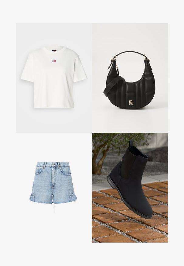 Camiseta de algodón blanca con cuello redondo y mangas cortas. Presenta un pequeño parche de logotipo en color con acentos en rojo, azul y blanco en el pecho.; Shorts de denim azul claro con dobladillo deshilachado, que presentan volantes laterales, bolsillos frontales y un cierre de botón con cremallera.; Botín negro de tobillo con panel lateral elástico flotando sobre azulejos cuadrados de madera con piedras en un entorno exterior.; Bolso de cuero negro con forma curvada, textura acolchada y herrajes dorados. Presenta una correa de hombro desmontable y un detalle de logo.