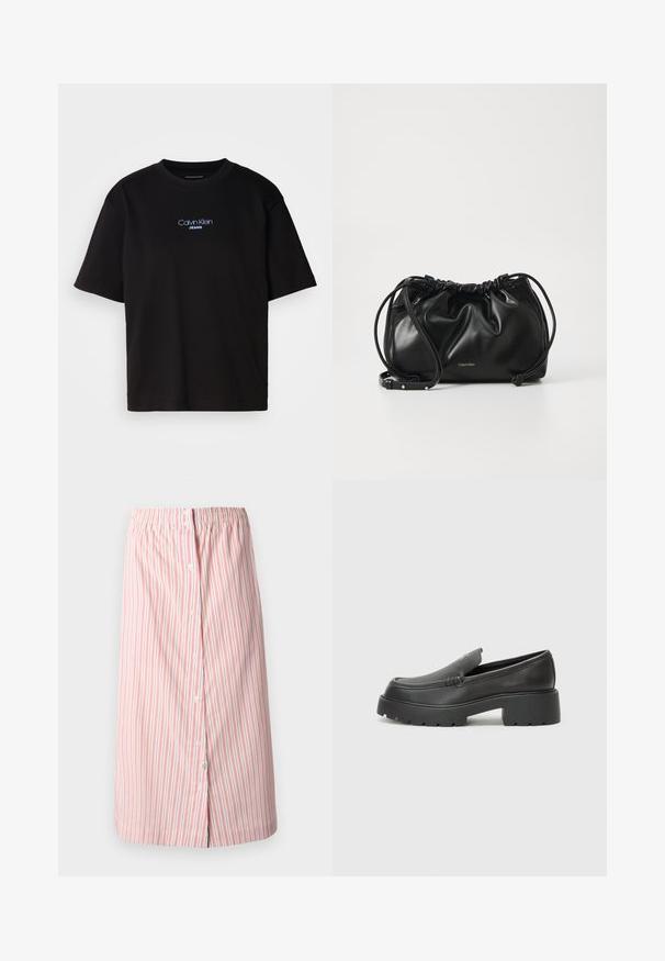 T-shirt en coton noir avec un col rond, des manches courtes et un logo brodé bleu "Calvin Klein JEANS" sur le devant.; Jupe rayée blanche avec des rayures verticales rouges, dotée d'une taille élastique, de boutons sur le devant et d'une coupe droite, longueur genou.; Mocassins en cuir noir avec un bout arrondi, une semelle épaisse et texturée, et des détails de couture minimalistes. Design épuré sans lacets ni métal visibles.; Sac à main en cuir noir avec un design froncé, fermeture à double cordon et bandoulière amovible. Présente un détail de logo métallique.