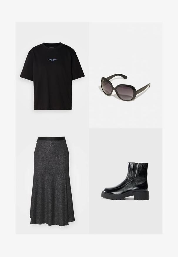Tricou din bumbac negru cu guler rotund, mâneci scurte și logo-ul brodat în albastru "Calvin Klein JEANS" pe față.; Fustă flared neagră cu sclipici, dotată cu un talie netedă, realizată dintr-un material texturat, cu o margine din spate mai lungă și un efect subtil de strălucire.; Botine negre până la gleznă, cu un finisaj de piele lacuită strălucitoare, talpă de cauciuc neagră masivă și toc înălțat; include detalii subtile cu logo pe lateral.; Ochelari de soare negri cu rame supradimensionate și rotunjite. Lentilele au un gradient de la întunecat la deschis. Prezintă un finisaj elegant, lucios și accente subtile ale logo-ului pe brate.; Geantă de umăr din suede maro, cu o textură moale, formă curbată și două mânere. Prezintă un design minimalist, fără hardware sau accente vizibile.