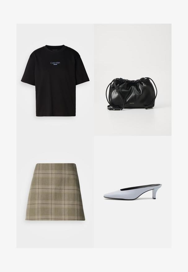 T-shirt preta de algodão com gola redonda, mangas curtas e logo bordado azul "Calvin Klein JEANS" na parte da frente.; Saia mini xadrez em verde-oliva e bege, apresentando um design reto, uma textura subtil e um pequeno logo perto da cintura.; Mule de pele patente azul claro com bico alongado, salto baixo transparente e um design elegante com um recorte no vamp.; Bolsa de mão em couro preto com design franzido, fecho de cordão duplo e alça de ombro destacável. Apresenta detalhe em logo metálico.