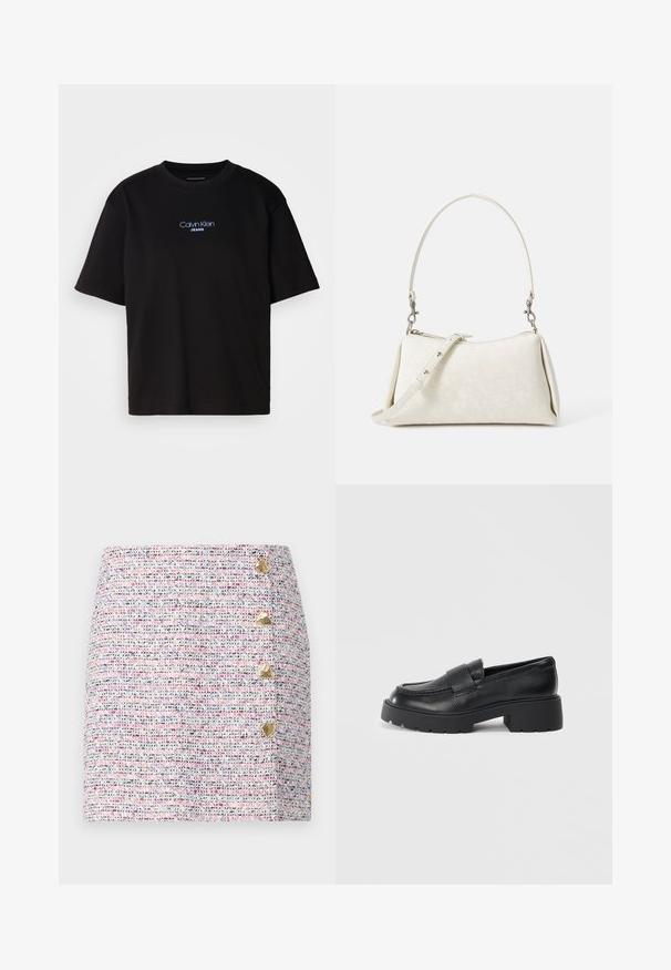 Fekete pamut póló kerek nyakkal, rövid ujjú, elöl kék hímzett "Calvin Klein JEANS" logóval.; Rózsaszín és több színű mintázatú mini szoknya, arany szív alakú díszítésekkel a bal oldalon és egyenes fazonnal.; Fekete bőr loaferek, textúrált felülettel, a lábfejen egy téglalap alakú pánttal és vastag, barázdált talpformával.; Fehér kézitáska sima textúrával, ívelt sziluettel és állítható vállpánttal. Diszkrét logó minta és ezüstszínű kiegészítők jellemzik.