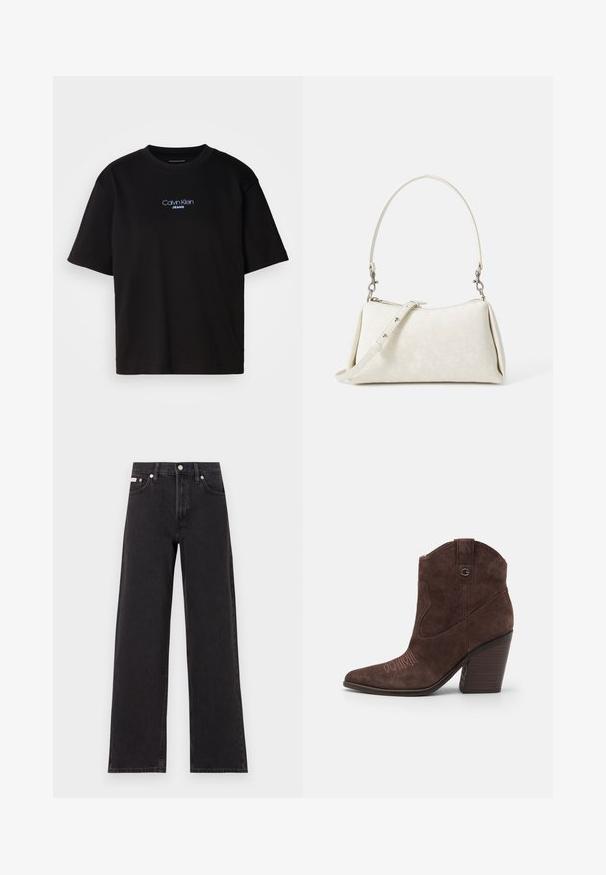 Černé bavlněné tričko s kulatým výstřihem a krátkými rukávy, s modrou vyšitou nášivkou "Calvin Klein JEANS" na přední straně.; Černé široké jeansy vyrobené z denimu, s vysokým pasem, pěti kapsami a kovovým zapínáním s kontrastním prošíváním.; Guess JALELLA2 - Kotníková obuv na vysokém podpatku - brown; Bílá kabelka s hladkým povrchem, zakřiveným siluetou a nastavitelným ramenním popruhem. Obsahuje jemný vzor loga a stříbrné kovové akcenty.