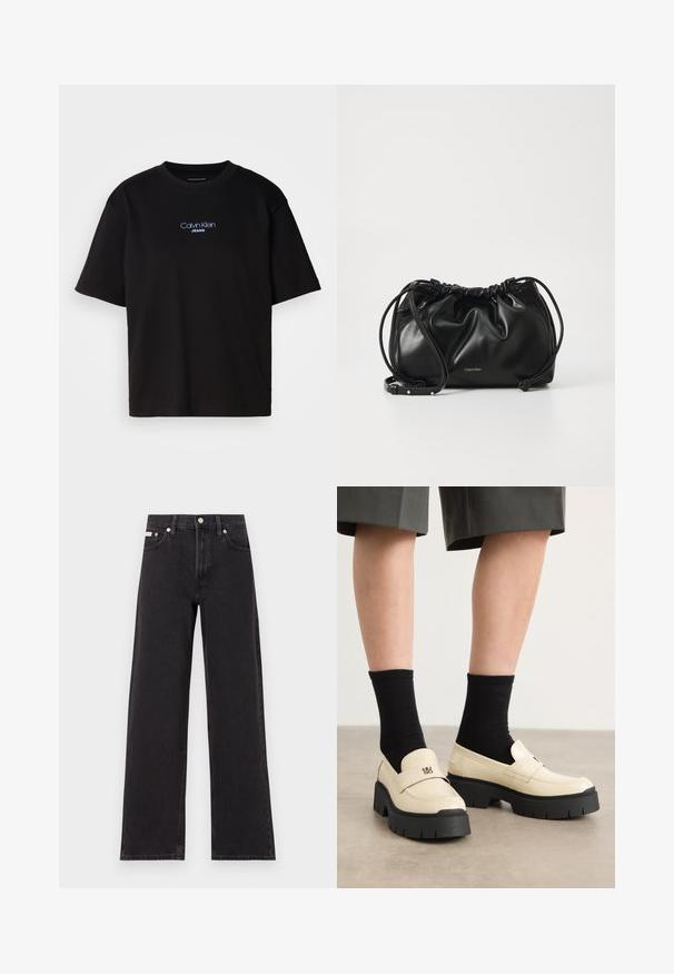 Black cotton t-shirt with a round neck, short sleeves, and blue embroidered "Calvin Klein JEANS" logo on the front.; Black wide-leg jeans made of denim, featuring a high-rise waist, five-pocket styling, and a metal button closure with contrasting stitching.; Beige leather loafers with a chunky black sole, rectangular shape, and front band. Worn with black crew socks. Textured surface detail.; Black leather handbag with gathered design, dual drawstring closure, and detachable shoulder strap. Features metallic logo detail.