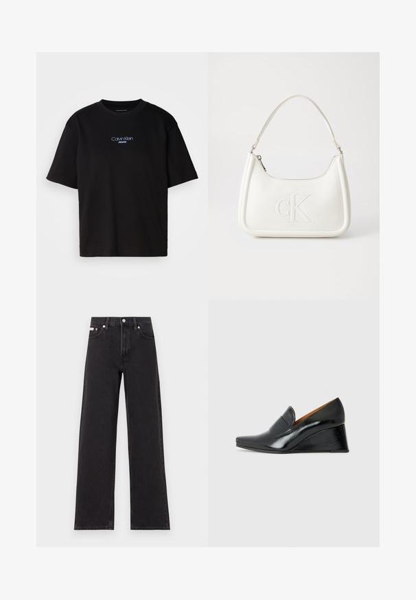 Melna kokvilnas T-kreklu ar apaļu kaklu, īsām piedurknēm un zilu izšūtu "Calvin Klein JEANS" logo priekšpusē.; Melni platmalu džinsi, kas izgatavoti no denima, ar augstu vidukli, piecu kabatu dizainu un metāla pogas aizdari ar kontrastējošu šuvumu.; Chie Mihara VECINO - Ķīļveida zoles - black; Balta ādas rokassoma ar noapaļotu formu, uz kuras priekšpuses ir izgriezts "CK" logo un viena plecu siksna. Augšā aizverama ar rāvējslēdzēju.