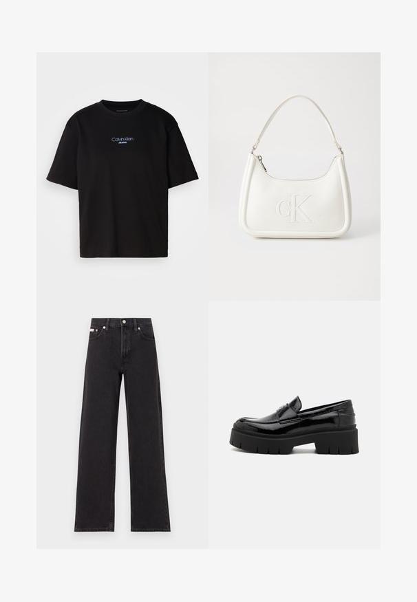 T-shirt en coton noir avec un col rond, des manches courtes et un logo brodé bleu "Calvin Klein JEANS" sur le devant.; Jeans noirs à jambes larges en denim, avec une taille haute, une coupe à cinq poches et une fermeture à bouton en métal avec des coutures contrastantes.; Mocassins en cuir verni noir avec une semelle en caoutchouc épaisse, arborant un dessus lisse et un accent de sangle décorative. Talon plat et bout rond.; Sac à main en cuir blanc avec une forme courbée, arborant un logo "CK" embossé à l'avant et une seule bandoulière. Fermeture à glissière en haut.
