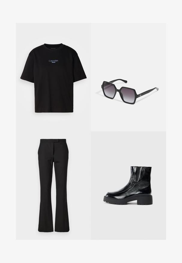 Black cotton t-shirt with a round neck, short sleeves, and blue embroidered "Calvin Klein JEANS" logo on the front.; Black flared trousers made of a woven fabric. Features a flat front with a waistband and a smooth texture. No visible hardware or patterns.; Black ankle boots with a glossy patent leather finish, chunky black rubber sole, and raised heel; includes subtle logo detail on the side.; Black hexagonal sunglasses with gradient lenses, featuring a glossy finish and subtle branding on the temple. Durable plastic construction.
