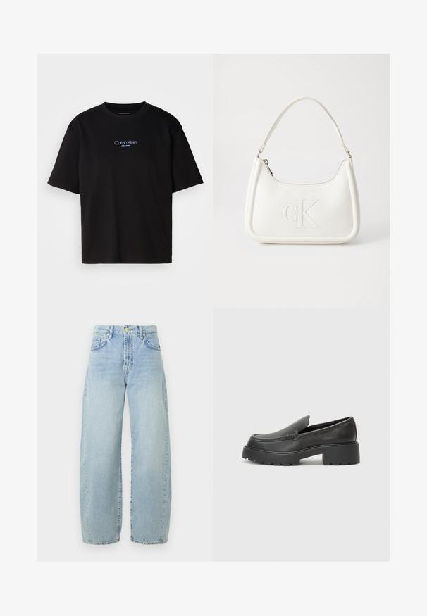 Fekete pamut póló kerek nyakkal, rövid ujjú, elöl kék hímzett "Calvin Klein JEANS" logóval.; Világoskék farmer széles szárú nadrág magas derékkal, enyhe kopással, öt zsebbel és arany tónusú fémrészekkel. Az alsó szegély egyenes és befejezetlen.; Fekete bőr loafer cipők kerek orral, vastag, texturált talppal és minimális varrási részletekkel. Áramvonalas dizájn, látható fűzők vagy fém részek nélkül.; Fehér bőrtáska ívelt formájú, elöl feltűnő "CK" logóval, egyetlen vállpánttal. Cipzáras zárás a tetején.