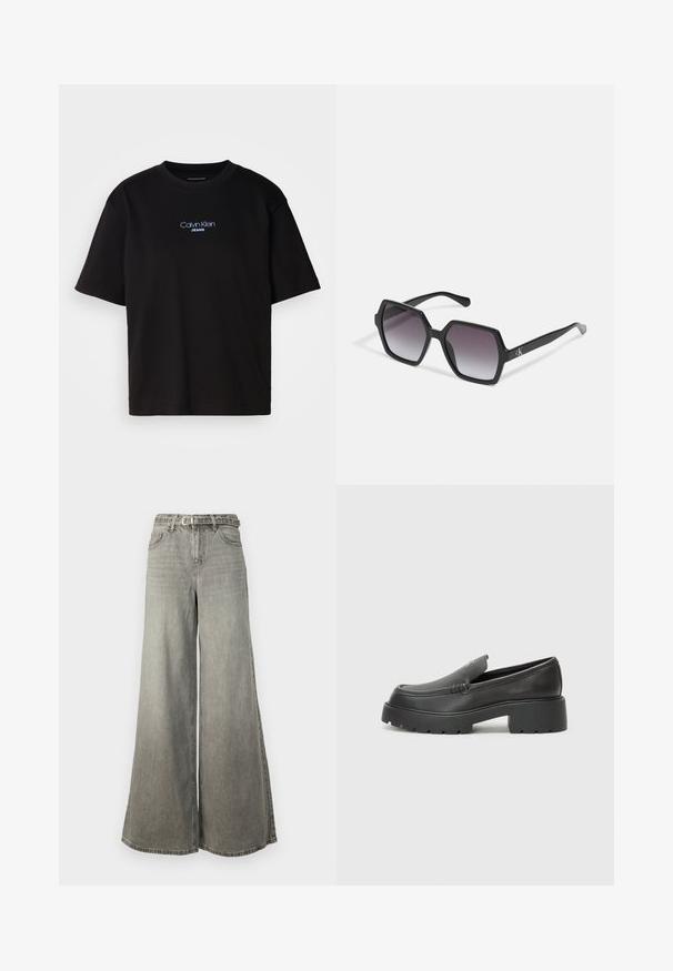 Fekete pamut póló kerek nyakkal, rövid ujjú, elöl kék hímzett "Calvin Klein JEANS" logóval.; Vero Moda Tall VMANNET WIDE BELT - Széles szárú - medium grey denim; Fekete bőr loafer cipők kerek orral, vastag, texturált talppal és minimális varrási részletekkel. Áramvonalas dizájn, látható fűzők vagy fém részek nélkül.; Fekete, hatszögletű napszemüveg, fokozatosan sötétedő lencsékkel, fényes felülettel és diszkrét logóval a szárán. Tartós műanyagból készült.