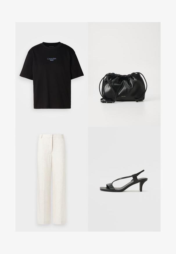 Sort bomull t-skjorte med rund hals, korte ermer, og blå brodert "Calvin Klein JEANS" logo på forsiden.; Beige vidde bukser i en blanding av lin, med en glatt tekstur, klassiske frontfolder og sidelommer for ekstra funksjonalitet.; Svarte hæl-sandaler med et slankt stroppedesign, firkantet tå og en mellomhøy blokkheel. Laget av glatt lær med en matt finish.; Svart lærveske med samlet design, dobbel snoråpning og avtagbar skulderrem. Har metallisk logodetalj.