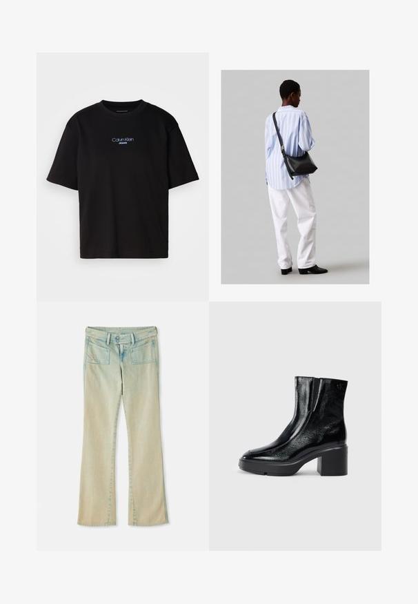 Fekete pamut póló kerek nyakkal, rövid ujjú, elöl kék hímzett "Calvin Klein JEANS" logóval.; Világoskék, koptatott denim bőrnadrág, övcsat zsebekkel, két elülső zsebbel és két hátsó zsebbel, amelyeket varrási díszítések emelnek ki.; Fekete lakkbőr bokacsizma ívelt orral, elasztikus oldalpanelek és vastag blokk sarkal. A hátsó részen dombornyomott logó található.; Fekete bőr válltáska puha tapintással, háromszög alakú, állítható pánttal, világoskék csíkos inggel és fehér nadrággal párosítva.