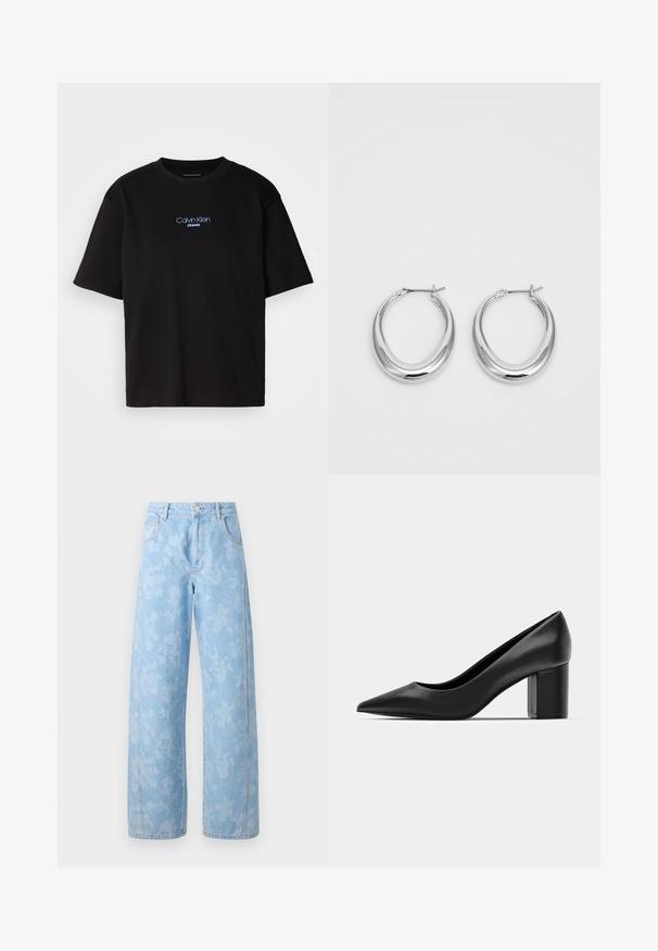 Melna kokvilnas T-kreklu ar apaļu kaklu, īsām piedurknēm un zilu izšūtu "Calvin Klein JEANS" logo priekšpusē.; Mads Nørgaard ART CHRISTEL - Brīva piegriezuma džinsi - light denim; Melnas ādas kurpes ar smailu purngalu un masīvu kvadrātveida papēdi. Gluda tekstūra, vienkāršs dizains, piemērots oficiālām vidēm.; Pulētas sudraba pusmēness formas auskaru pāris ar eņģu sprādzēm uz balta fona.