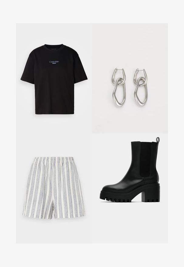 Musta puuvillainen t-paita, jossa on pyöreä kaula-aukko, lyhyet hihat ja sininen brodeerattu "Calvin Klein JEANS" -logo edessä.; Raidat lyhyet housut, jotka on valmistettu kevyestä kankaasta, ja niissä on pystysuorat siniset ja valkoiset raidat, joustava vyötärö ja rento istuvuus.; Mustat nahkasaappaat nilkkamittaisella, pyöreällä kärjellä, paksulla pohjalla ja verkkokankaiset sivuosat. Varustettu vetonauhalla, joka helpottaa pukemista.; Calvin Klein STATEMENT LINKS - Korvakorut - silver-coloured