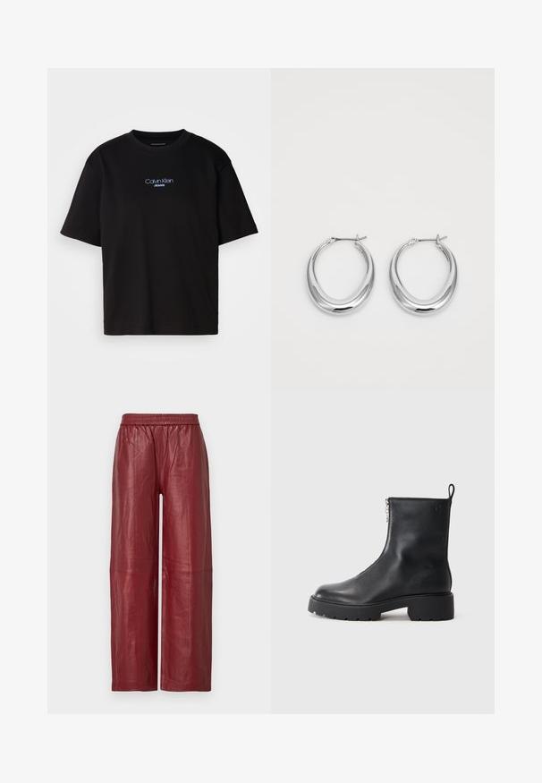Zwart katoenen T-shirt met ronde hals, korte mouwen en blauw geborduurd "Calvin Klein JEANS" logo op de voorkant.; Rode leren broek met wijde pijpen, een elastische tailleband en een gladde textuur. Heeft zichtbare naden en een relaxte pasvorm.; Zwarte leren enkelboot met een ritssluiting aan de zijkant, ronde neus en een stevige, gestructureerde zool. Subtiele merknaam aan de zijkant.; Een paar gepolijste zilveren halvmaan-hoepeloorbelletjes met scharnier-sluitingen op een witte achtergrond.