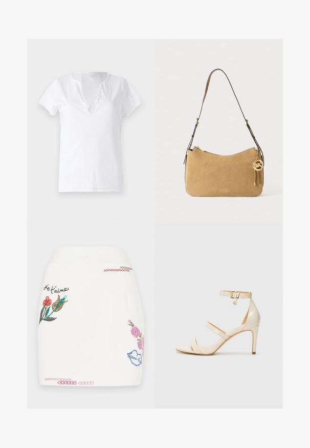 Biele bavlnené tričko s krátkymi rukávmi, vo voľnom strihu a s výstrihom do V, ktorý má záhyb s piatimi dekoračnými gombíkmi.; Biele sukne s farebnou kvetinovou výšivkou v ružovej, červenej a zelenej farbe. Obsahuje dekoratívne stehy na leme a frázu "Je t'aime."; Béžové sandále na vysokom podpätku s tenkým remienkom okolo členka a dvoma hornými remienkami. Lesklý lakovaný povrch a zlaté kovové detaily na remienku okolo členka.; Kozmetická taška z pieskového semišu s zakriveným tvarom, zlatými kovovými doplnkami a zipsovým uzáverom. Obsahuje pripojený prívesok s iniciálkami "MK".