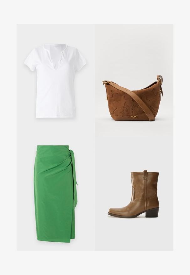 Camiseta de algodón blanca de manga corta, con un corte relajado y un escote en V que presenta una tapeta con cinco botones decorativos.; Falda envolvente verde hecha de tela ligera con un lazo en la cintura y una textura suave, que presenta una abertura lateral para facilitar el movimiento.; Botín de cuero marrón hasta el tobillo, con punta cuadrada, acabado texturizado y un tacón bajo apilado. Presenta una pestaña trasera y detalles de costura sutiles.; Bolso de hombro de ante marrón con diseño floral en relieve, complementado por una correa de cuero marrón suave y acentos de herrajes en tono dorado.