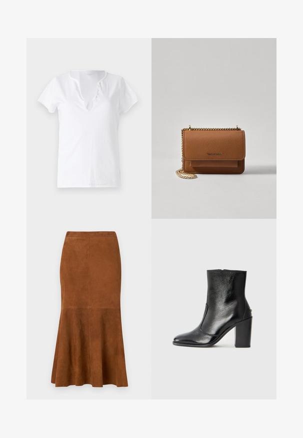 T-shirt en coton blanc à manches courtes, coupe décontractée et décolleté en V, avec un plastron orné de cinq boutons décoratifs.; Jupe midi en suède marron avec un ourlet évasé, présentant une texture lisse et des coutures sur les côtés et à l'arrière.; Bottine en cuir noir, avec une texture lisse, un bout pointu et un talon chunky haut. Présente une ouverture sur le côté et un design minimaliste.; Sac en cuir texturé marron en bandoulière avec une sangle en chaîne dorée et une fermeture à rabat. L'avant présente un détail de logo et une poche sous le rabat.