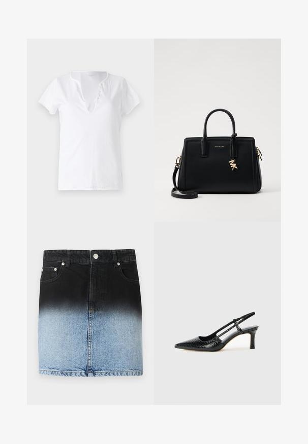 Balta kokvilnas T-kreklis ar īsām piedurknēm, brīvpiekļuve, un V-veida kakla izgriezums ar piecām dekoratīvām pogām.; Denim svārki ar ombré dizainu, kas pāriet no melnas krāsas augšpusē līdz gaiši zila apakšā. Pieci kabatas un sudraba detaļas.; Melna patent āda ar slīdošo papēdi un smailo purngalu, ar teksturētu čūsku drukājumu, regulējamu siksniņu un īsu teksturētu blokpapēdi.; Melnas ādas rokas soma ar strukturētu dizainu, dubultiem augšējiem rokturiem, noņemamu plecu siksnu, zelta aparatūru un logo piekariņu akcentu.