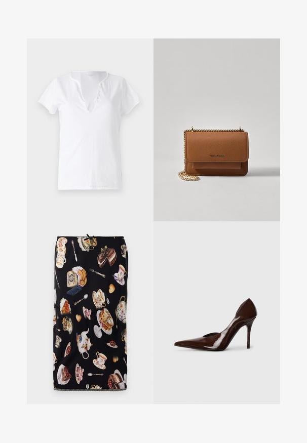 Biele bavlnené tričko s krátkymi rukávmi, vo voľnom strihu a s výstrihom do V, ktorý má záhyb s piatimi dekoračnými gombíkmi.; Čierna sukňa s motívom šálok na čaj, koláčov a zákuskov, s detailnými ilustráciami a ozdobným čipkovým lemom.; Hnedé lakované lodičky na vysokom podpätku s špicatou špičkou a výrezmi po stranách, so štíhlym podpätkom a hladkým povrchom.; Hnedá textúrovaná kožená taška cez telo s zlatým reťazovým popruhom a preklopným uzáverom. Predná strana obsahuje detail s logom a vrecko pod preklopkou.