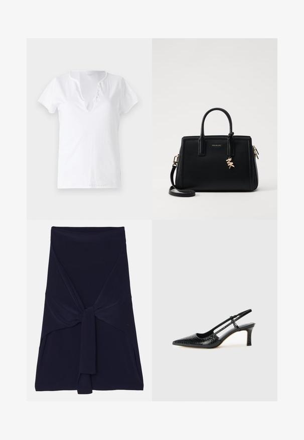 Bijela pamučna majica kratkih rukava, opuštenog kroja i V-izrezom s pločicom koja sadrži pet dekorativnih gumbića.; Nabrano plavi sako suknja napravljena od mekanog, rastezljivog materijala s čvorastim dizajnom sprijeda, koja ima glatku teksturu i krojene ivice.; Crne lakirane slingback pete s oštrim vrhom, s teksturiranim uzorkom zmijske kože, podesivom remenom i kratkom, teksturiranom blok-petom.; Crna kožna torba s strukturiranim dizajnom, dvostrukim gornjim ručkama, odvojivim remenom za rame, zlatnim detaljima i akcentom s logom.