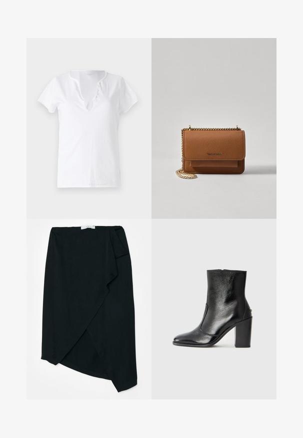 T-shirt en coton blanc à manches courtes, coupe décontractée et décolleté en V, avec un plastron orné de cinq boutons décoratifs.; Jupe portefeuille noire en tissu léger avec une texture subtile. Ourlet asymétrique et détail de pli sur le côté. Aucune quincaillerie ni accent visible.; Bottine en cuir noir, avec une texture lisse, un bout pointu et un talon chunky haut. Présente une ouverture sur le côté et un design minimaliste.; Sac en cuir texturé marron en bandoulière avec une sangle en chaîne dorée et une fermeture à rabat. L'avant présente un détail de logo et une poche sous le rabat.