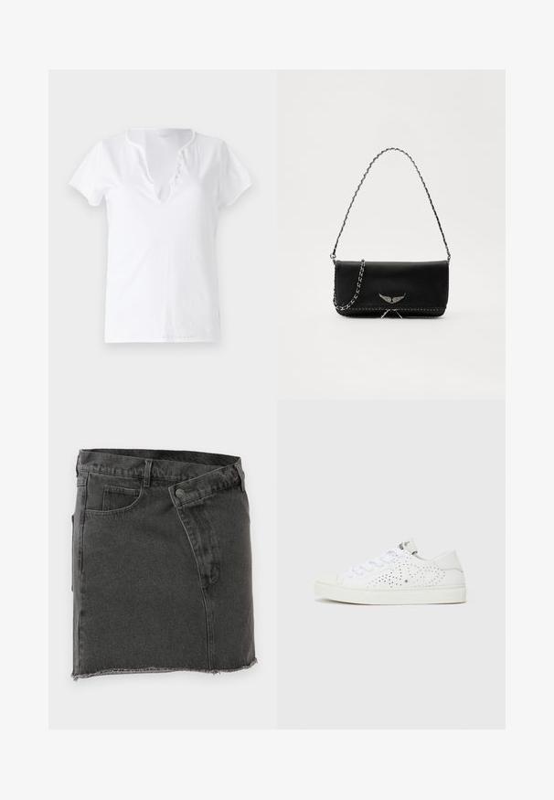 Biała bawełniana koszulka z krótkim rękawem, luźny krój i dekolt w kształcie litery V z plisą ozdobioną pięcioma guzikami.; Czarna dżinsowa spódnica mini z przednimi kieszeniami, pasek, zapięcie na guziki i surowym wykończeniem brzegów.; Białe niskie trampki z perforowanym wzorem, płaskimi sznurowadłami i teksturowaną gumową podeszwą. Charakteryzują się minimalistycznym stylem i miękkim wykończeniem.; Czarna skórzana torebka z srebrnym łańcuszkiem, ozdobiona dekoracyjnymi skrzydłami i białym przeszyciem wzdłuż dolnego szwu.