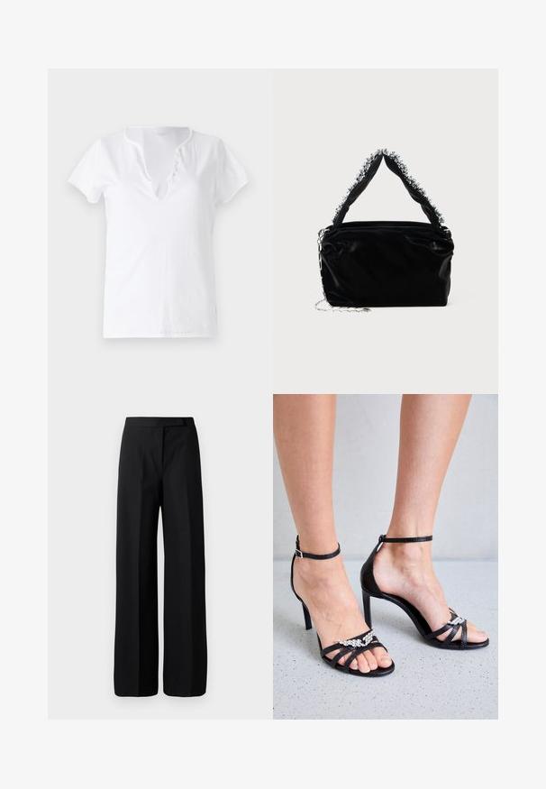 White cotton t-shirt with short sleeves, a relaxed fit, and a V-neckline featuring a placket with five decorative buttons.; Wide-leg black trousers with a smooth, matte texture. Flat waistband with no visible hardware or patterns. Simple and elegant design.; Zadig & Voltaire AMEE WING EMBOSSED IGUANA - High heeled sandals - noir; Black faux leather handbag with a textured finish, featuring a beaded silver accent along the top handle and a chain strap.