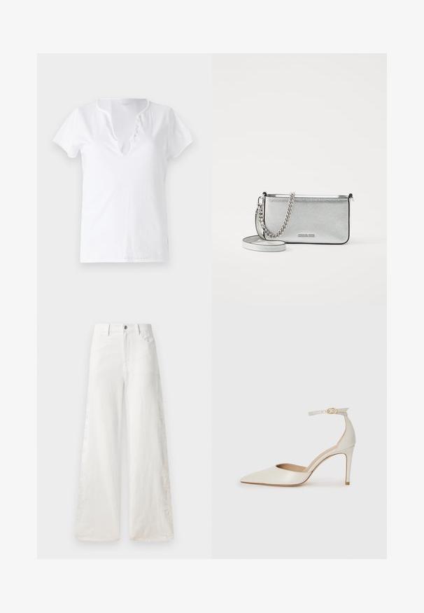 Balta medvilninė marškinėliai trumpomis rankovėmis, laisvai krentančio silueto, su V formos iškirpte, kuri turi penkis dekoratyvinius mygtukus.; Balti plačiaki džinsai pagaminti iš denimo, su šoninėmis siuvinėtomis dekoracijomis ir tradicija penkių kišenių dizainu. Su užtrauktuku ir mygtuku.; Balti odiniai aukštakulniai batai su smailiu priekiniu galu, kulkšnies dirželiu ir siauru stiletu. Lygi tekstūra su subtiliu blizgiu paviršiumi.; Sidabrinė odinė per petį nešiojama rankinė su tekstūruotu paviršiumi, grandinėlės ir dirželio akcentais, bei užtrauktuko uždarymu. Priekinėje pusėje yra logotipas.