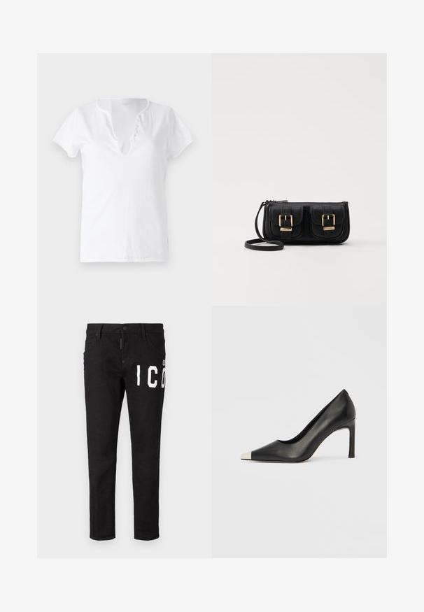 White cotton t-shirt with short sleeves, a relaxed fit, and a V-neckline featuring a placket with five decorative buttons.; Black denim jeans with a slim fit. Features white graphic text on the front, five pockets, and a button closure. Smooth texture.; Black leather high heel shoe with a pointed toe and a metallic silver cap. Features a smooth finish and a slender 10 cm heel.; Black leather crossbody bag with two front pockets, gold buckles, zipper closure, and a slim strap. Textured surface and compact rectangular shape.