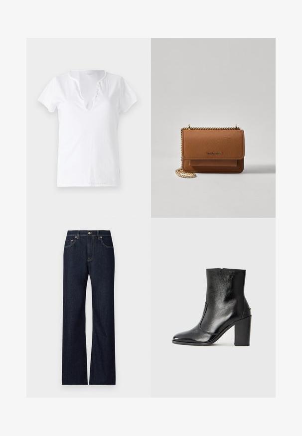 T-shirt bianco in cotone con maniche corte, vestibilità comoda, e scollatura a V con una pettorina decorativa con cinque bottoni.; Jeans in denim blu scuro con un design a gamba dritta, dotati di cinque tasche, cuciture gialle a contrasto e chiusura a bottone metallico.; Stivale alla caviglia in pelle nera, con una superficie liscia, punta affilata e tacco alto e massiccio. Presenta una apertura laterale e un design minimalista.; Borsa a tracolla in pelle marrone con texture, dotata di catena dorata e chiusura a pattina. Sul davanti presenta un dettaglio con logo e una tasca sotto la pattina.