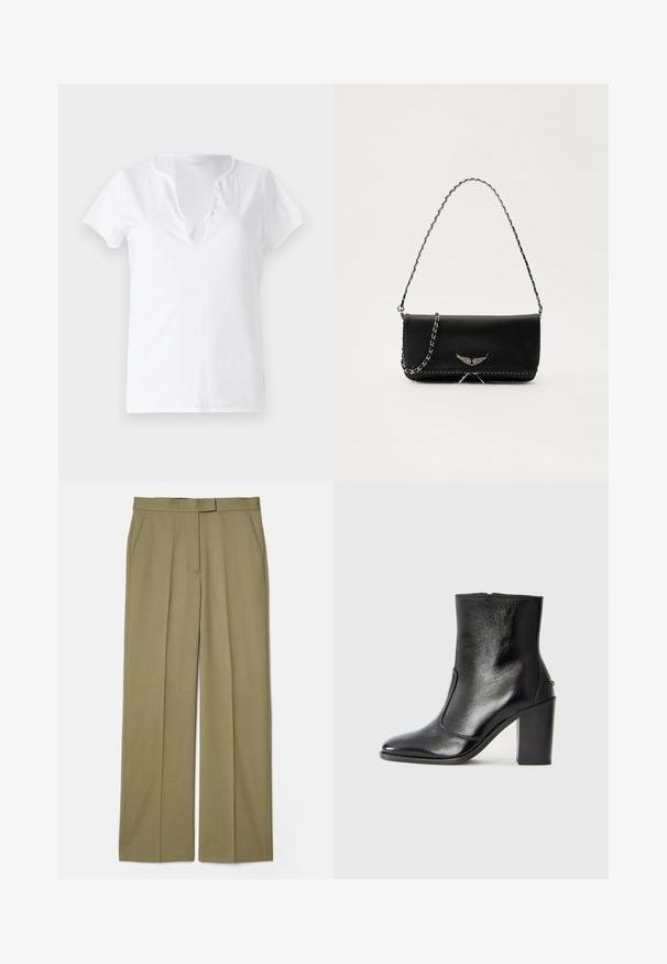 Bela bombažna majica s kratkimi rokavi, sproščenega kroja in z V-izrezom, ki ima placket s petimi dekorativnimi gumbi.; Khaki nabrane hlače s ravnim krojem, izdelane iz teksturiranega blaga, z dvema stranskima žepoma in gladkim pasom.; Črne usnjene gležnarske čevlje z gladko teksturo, koničastim nosom in debelim visokim petam. Imajo stransko odprtino in minimalističen dizajn.; Črna usnjena torbica s srebrnim verižnim ročajem, ki ima okrasne krilate poudarke in belo šivanje ob spodnjem šivu.