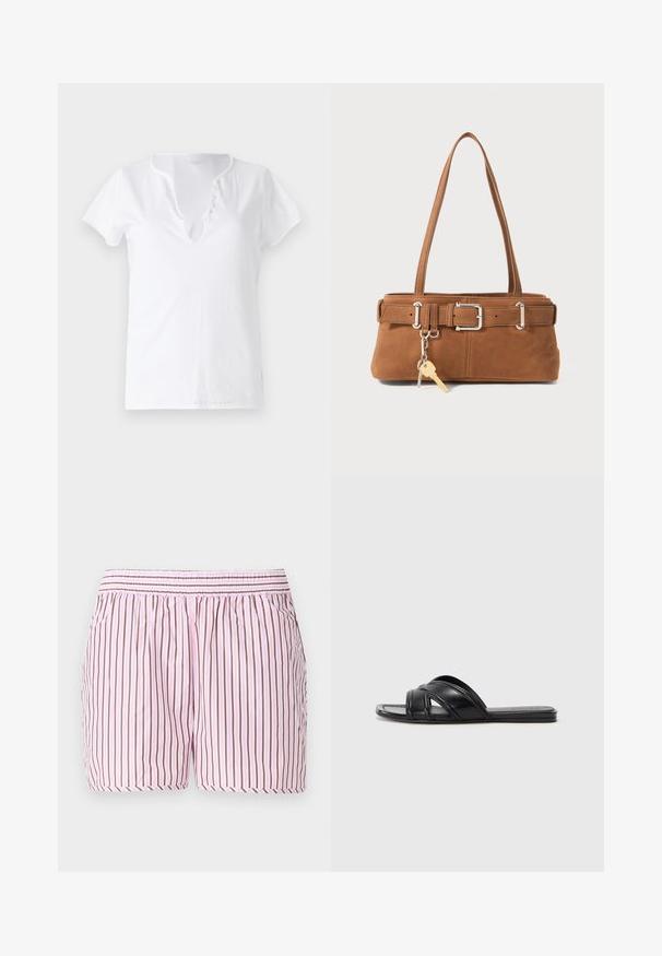 Witte katoenen t-shirt met korte mouwen, een losse pasvorm en een V-halslijn met een patte met vijf decoratieve knopen.; Katoenen slaapshorts met verticale roze en bruine streepjes, een elastische taille met een smock, en een losse pasvorm voor comfort.; Zwarte slide sandalen met een gladde leren afwerking, voorzien van kruislings straps en uitsnijdingen, en een platte, flexibele zool.; Bruine suède handtas met een gestructureerde vorm, zilverkleurige accenten, twee schouderbanden en een decoratieve sleutelhanger eraan bevestigd.