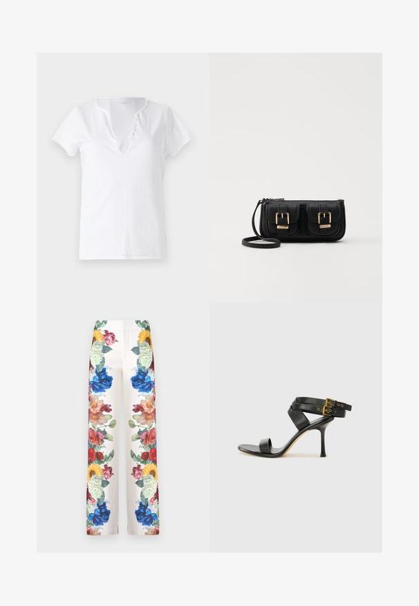 Tricou alb din bumbac, cu mâneci scurte, croială lejeră și decolteu în V, având o deschidere cu cinci butoane decorative.; Alice + Olivia ANDREW BOOTCUT SLIM PANT - Pantaloni - off white; Sandalie negre cu toc, cu curele încrucișate și cataramă ajustabilă. Prezintă o textură netedă și un toc stiletto conic.; Geantă neagră din piele, tip crossbody, cu două buzunare frontale, catarame aurii, închidere cu fermoar și o curea subțire. Suprafață texturată și formă rectangulară compactă.