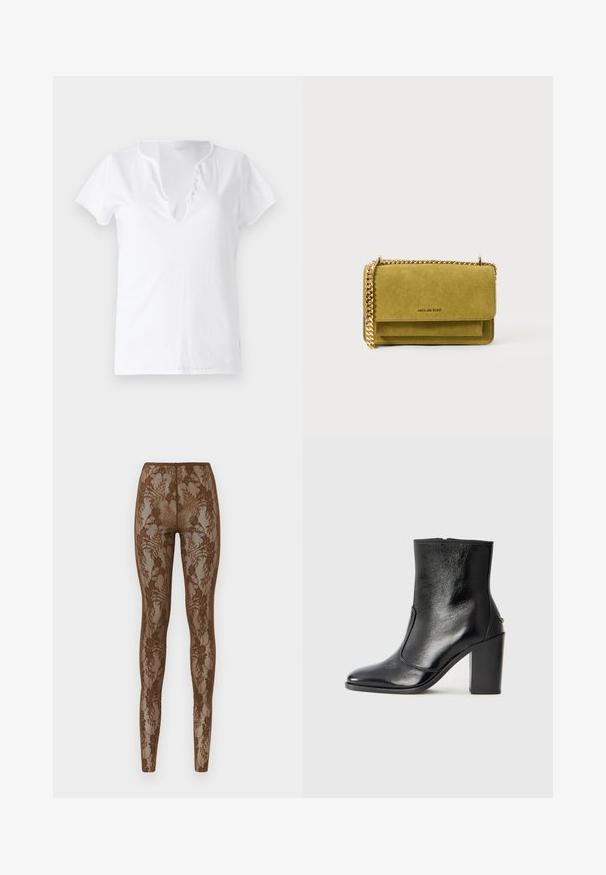 T-shirt branco de algodão com mangas curtas, um corte descontraído e um decote em V com uma tira com cinco botões decorativos.; Leggings rendados castanhos com padrão floral, apresentando uma textura transparente e um design ajustado. Cintura alta para um ajuste confortável, suaves nas costuras.; Bota ankle preta em pele com uma textura suave, bico fino e um salto alto robusto. Apresenta uma abertura lateral e um design minimalista.; Bolsa de camurça verde-oliva com uma alça de corrente dourada, de forma retangular, com fecho de aba e logotipo da marca estampado na frente.