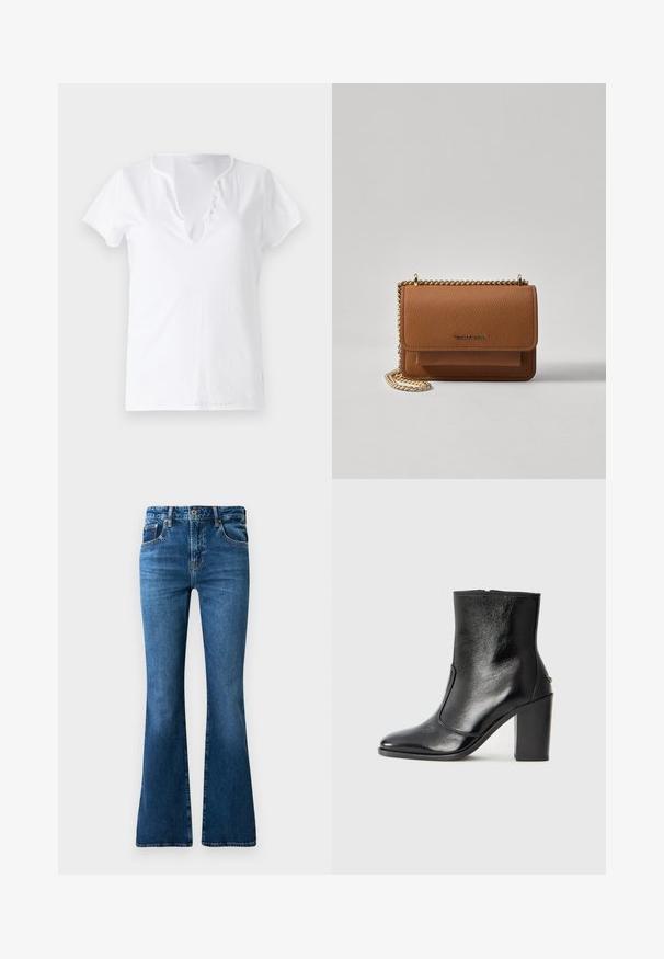 Bijela pamučna majica kratkih rukava, opuštenog kroja i V-izrezom s pločicom koja sadrži pet dekorativnih gumbića.; Plave traperice s rasporom, srednjeg struka, s pet džepova, suptilnim izbljeđivanjem i ukrasnim šavovima duž šavova.; Crna kožna čizma do gležnjeva s glatkom teksturom, špicastim vrhom i debelim visokim potpeticama. Ima bočni otvor i minimalistički dizajn.; Smeđa kožna torba preko tijela s teksturom, zlatnim lančićem i preklopom na zatvaranju. Na prednjoj strani nalazi se detalj s potpisom i džep ispod preklopa.